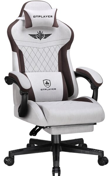 Sedia da gioco GTPLAYER, sedia da gioco ergonomica in tessuto con supporto lombare, sedia per PC con schienale allargato, portata fino a 150 kg, marrone