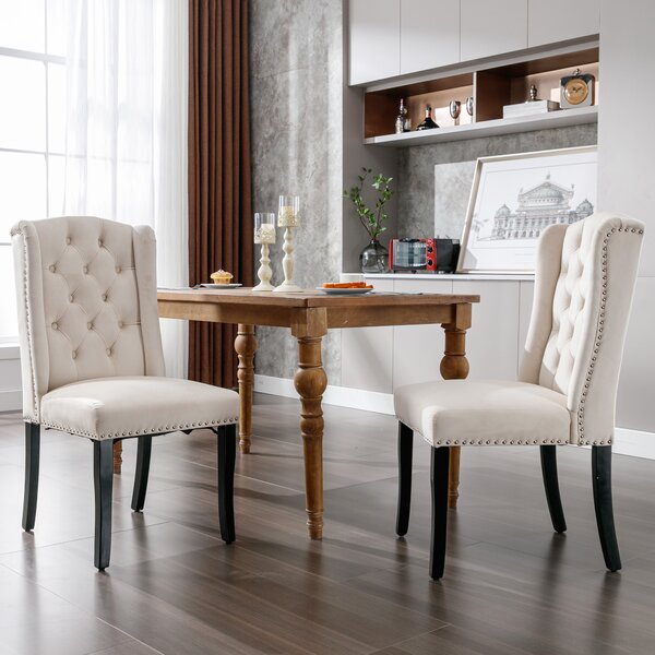 Set di 2 sedie da pranzo Flieks, sedia da cucina con gambe in legno massiccio, sedia da pranzo imbottita con rivestimento in velluto, sedia per soggiorno cucina, beige