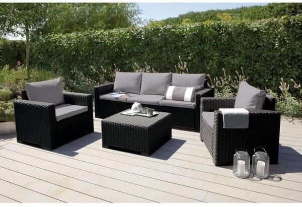 Set da salotto da esterno modulare "California" di Allibert, per 5 persone, color grigio – composto da: divano a 3 posti, 2 poltrone e tavolino, con rivestimento effetto rattan e cuscini in poliestere grigio al 100%