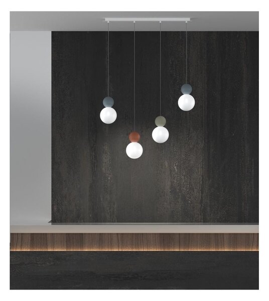 COTTAGE SOSPENSIONE LINEARE 4 LUCI DIFFUSORI A SFERA IN VETRO E METALLO 3 COLORI CON LAMPADINE ATTACCO G9
