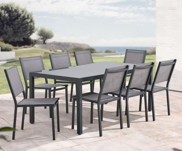 Set da giardino SABAIDECO per 8 persone: tavolo da pranzo rettangolare di 180x90 cm (alluminio e vetro temperato) con 8 sedie, colore grigio