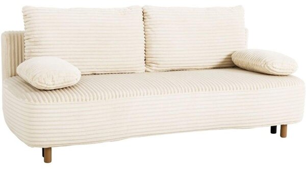 Divano letto PYLA, 3 posti, con contenitore portaoggetti, rivestito in velluto effetto perla color beige, superficie di riposo di 203 x 141 cm, materasso da 7 cm, capacità di 105 litri
