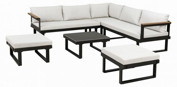 Set da giardino angolare a 7 posti - Alluminio - ALMARA - Divano angolare + 2 sgabelli + tavolino - Ecru