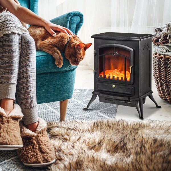 HOMCOM Camino Elettrico da Terra con Effetto Fiamma Potenza 1000W /2000W 45×28×54cm Nero|Aosom