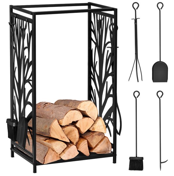 HOMCOM Potalegna di Design per Camino in Acciaio Nero e Antiruggine, per Interni ed Esterni, 46 x 30 x 70 cm|Aosom