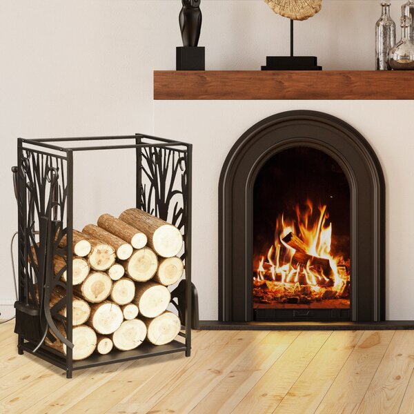 HOMCOM Potalegna di Design per Camino in Acciaio Nero e Antiruggine, per Interni ed Esterni, 46 x 30 x 70 cm|Aosom