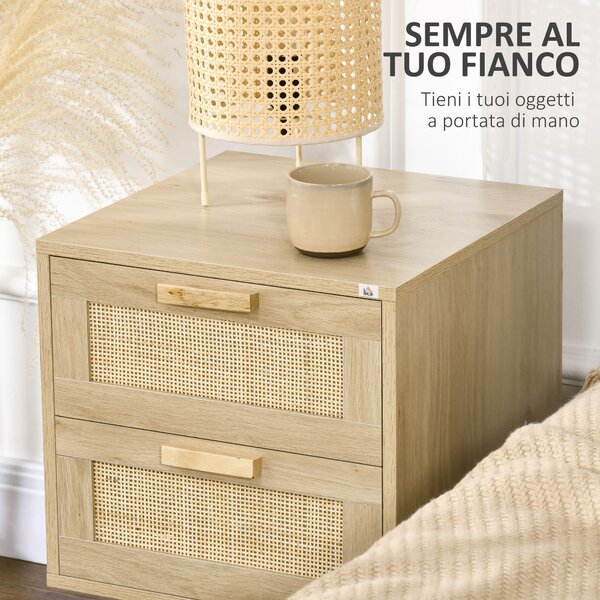 HOMCOM Set 2 Comodini per Camera da Letto Stile Boho con 2 Cassetti, 40x40x56cm, Legno Naturale|Aosom