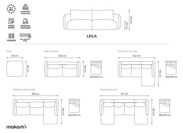 Divano grigio scuro allungabile 230 cm Leila – Makamii