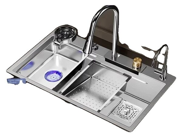 Lavello in acciaio inox, design a cascata, ampia fessura singola, E9-75x45cm