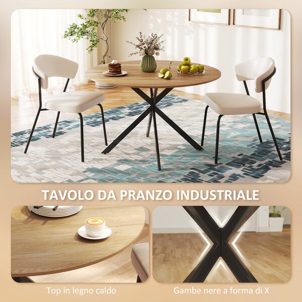 HOMCOM Tavolo da Pranzo Rotondo Stile Industriale con Gambe a Croce in Acciaio, Ø120x75 cm, Colore Quercia | Aosom Italy