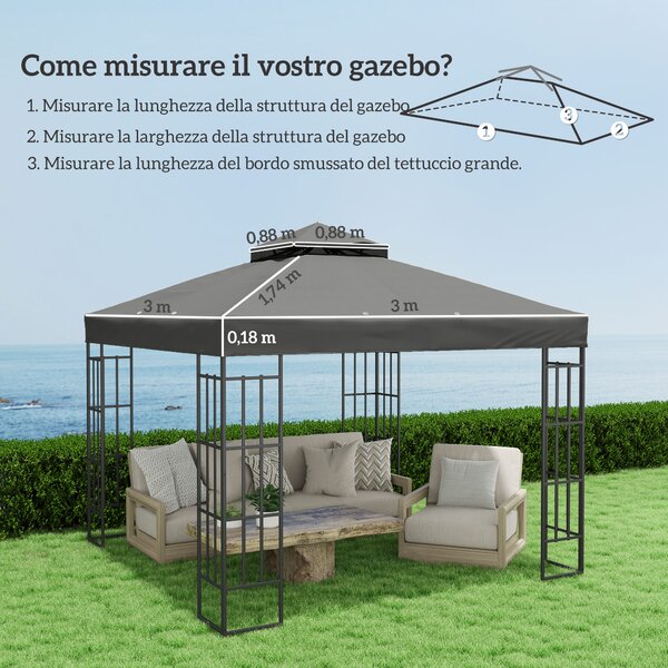 Outsunny Copertura per Gazebo da Giardino 3x3m UPF30+ a 2 Livelli in Poliestere Grigio Scuro | Aosom Italy