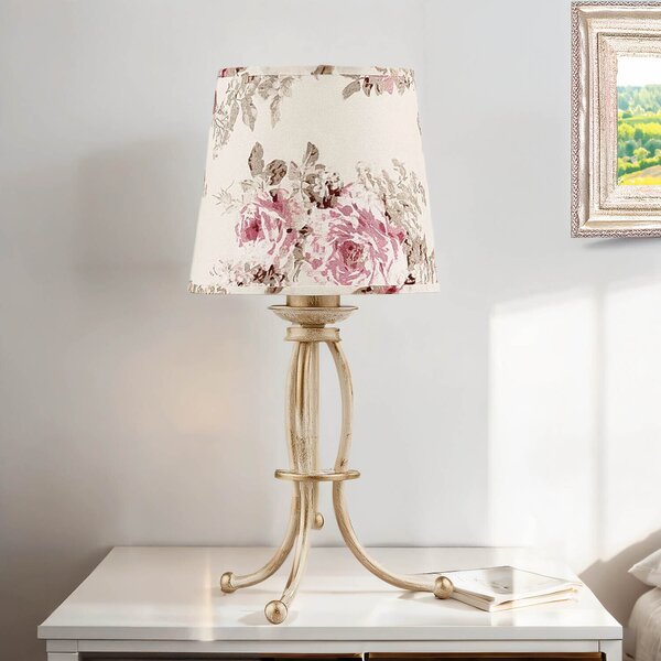 Lampada da comodino romanica CRINE paralume in tessuto floreale altezza 42 cm in bianco oro shabby Lampada da tavolo