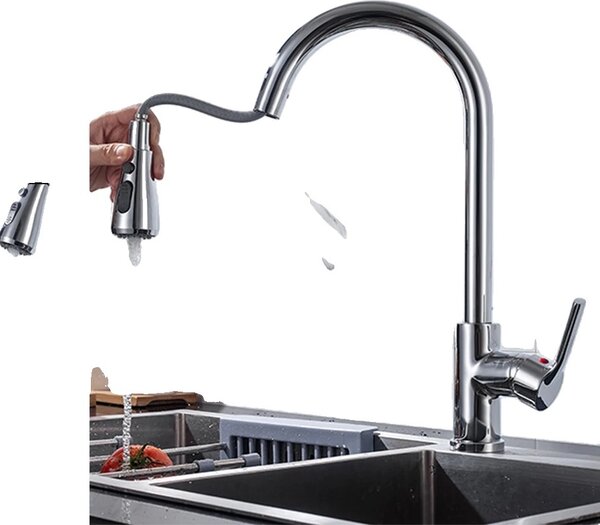 Rubinetto da cucina estraibile, modalità di erogazione versatile, struttura in acciaio inox, CF04021CP cromo