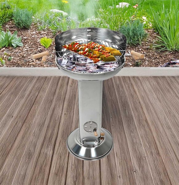 Barbecue a colonna con griglia regolabile in 4 posizioni in altezza, rotondo, con 2 maniglie isolate, cassetto raccogli cenere, leva di ventilazione, paravento, acciaio inossidabile