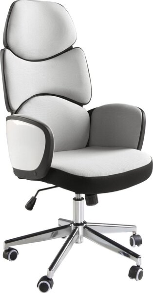 Sedia girevole da ufficio Angel Cerdá in tessuto grigio chiaro e PVC bianco lucido 4142