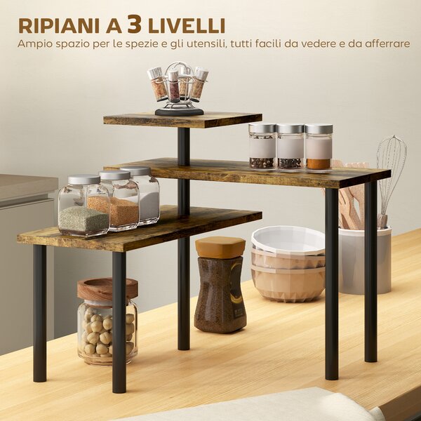 HOMCOM Scaffale Cucina a 3 Livelli Girevoli Salvaspazio in Legno e Acciaio, 40x10x36.5 cm, Marrone Rustico | Aosom Italy