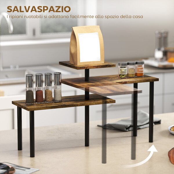 HOMCOM Scaffale Cucina a 3 Livelli Girevoli Salvaspazio in Legno e Acciaio, 40x10x36.5 cm, Marrone Rustico | Aosom Italy