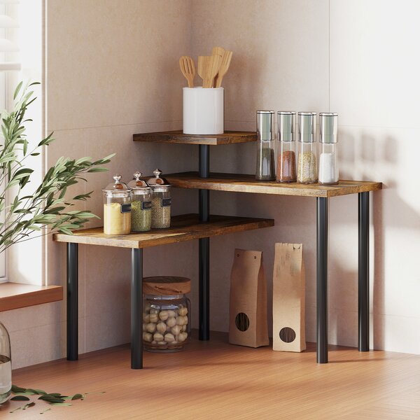 HOMCOM Scaffale Cucina a 3 Livelli Girevoli Salvaspazio in Legno e Acciaio, 40x10x36.5 cm, Marrone Rustico | Aosom Italy