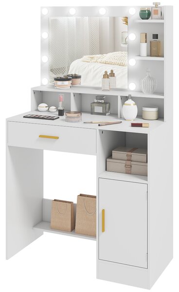 HOMCOM Coiffeuse con specchio e 10 luci LED, luminosità regolabile, cassetto, armadietto e mensole aperte, 80x40x135cm, bianco | Aosom Italy