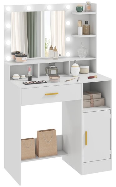 HOMCOM Coiffeuse con specchio e 10 luci LED, luminosità regolabile, cassetto, armadietto e mensole aperte, 80x40x135cm, bianco | Aosom Italy