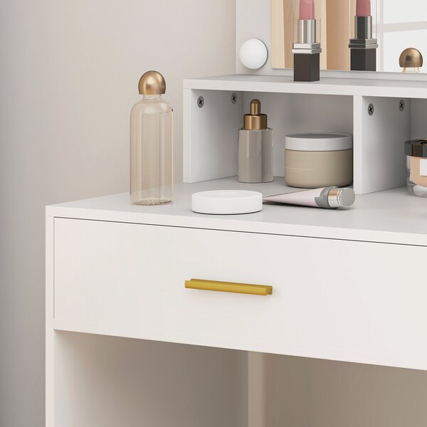 HOMCOM Coiffeuse con specchio e 10 luci LED, luminosità regolabile, cassetto, armadietto e mensole aperte, 80x40x135cm, bianco | Aosom Italy