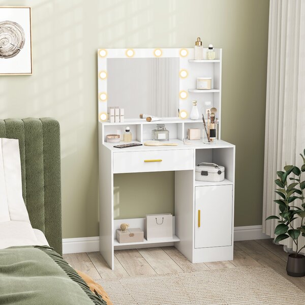 HOMCOM Coiffeuse con specchio e 10 luci LED, luminosità regolabile, cassetto, armadietto e mensole aperte, 80x40x135cm, bianco | Aosom Italy