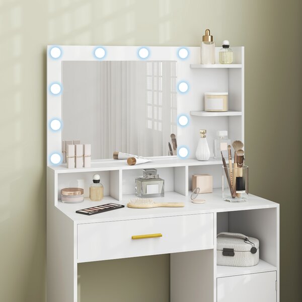 HOMCOM Coiffeuse con specchio e 10 luci LED, luminosità regolabile, cassetto, armadietto e mensole aperte, 80x40x135cm, bianco | Aosom Italy