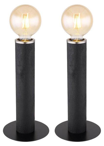 2 lampade da tavolo MARION, nere, in metallo, con aspetto effetto legno, forma rotonda, altezza 30,5 cm