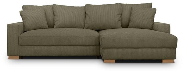 Divano angolare MALLO con funzione letto, 3 posti, reversibile, rivestito in velluto a coste color kaki, con spazio contenitivo e imbottitura in poliuretano per un comfort ottimale