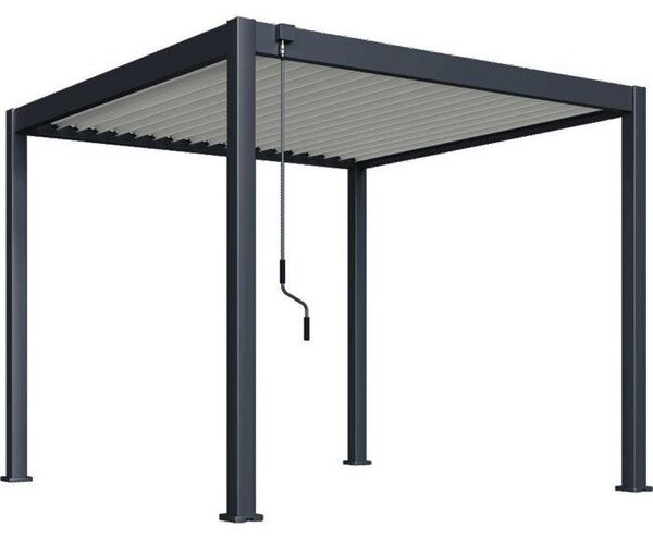 Pergola bioclimatica in alluminio, dimensioni 3x3 metri, con lamelle in acciaio bianco orientabili a 135°, profilo del telaio antracite e design piatto