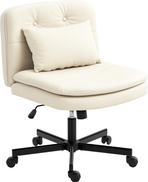 Sedia da ufficio senza braccioli con rivestimento in Pelle finta, sedia da scrivania con rotelle, cuscino extra, regolabile in altezza, arrotolabile, beige