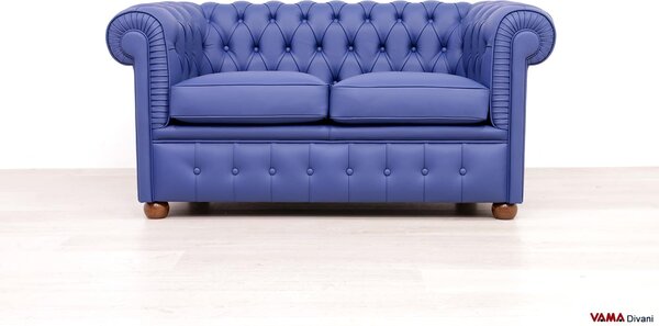 Divano Chesterfield 2 posti in pelle blu zaffiro opaco