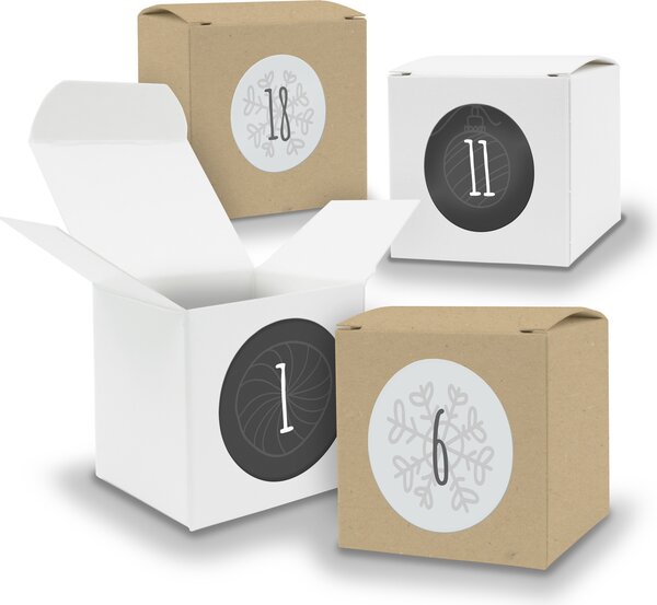 Calendario dell'Avvento da riempire, 24 cubetti da 6,5 cm, assortiti BIANCO MARRONE + adesivi V06 Z13
