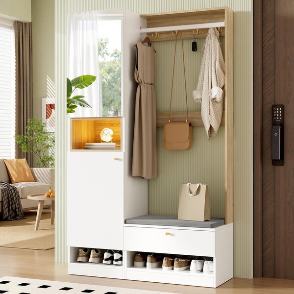 Set completo per l'ingresso MODFU, con specchio, luci LED e panca, armadio per l'ingresso con appendiabiti e ganci, mobiletto per scarpe con ampio spazio di stoccaggio, finitura bianca/effetto legno