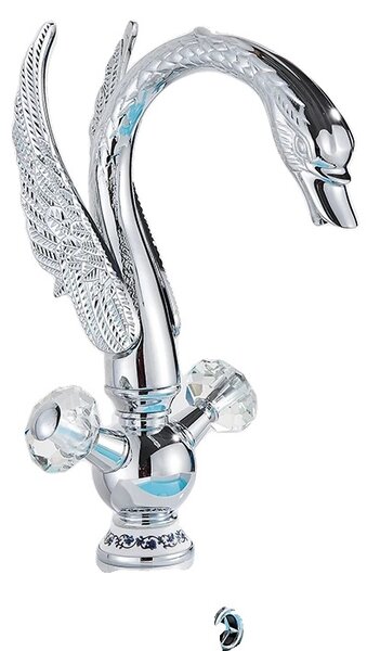 Lussuoso miscelatore per lavabo da bagno, comando a doppia maniglia, elegante design a collo di cigno , cromato
