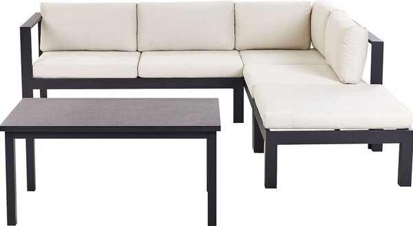 BELIANI Set di divani da giardino a 5 posti struttura in metallo nero crema cuscini bianchi tavolo in vetro moderno set da salotto scandinavo per esterni
