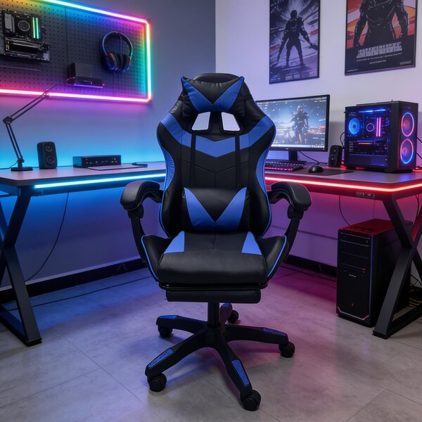 Sedia da gaming ergonomica con poggiapiedi, design racing, colore nero e blu