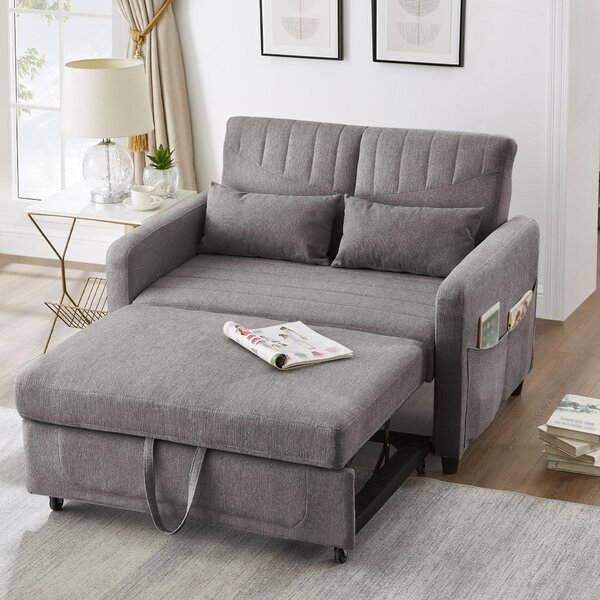 Divano letto a due posti con meccanismo trasformabile, dimensioni 114x77x82,5 cm, schienale regolabile in tre posizioni, rivestito in tessuto di cotone e lino