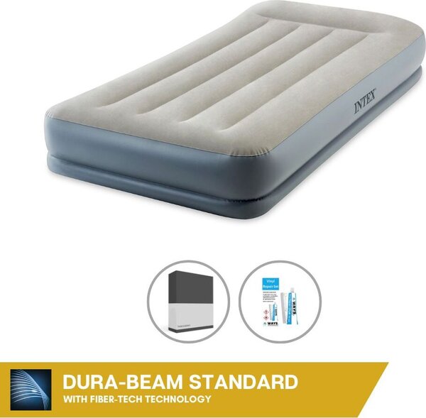Letto ad aria Intex - 1 persona - 99 x 191 x 30 cm - Grigio - Con pompa incorporata + lenzuolo nero + set di riparazione