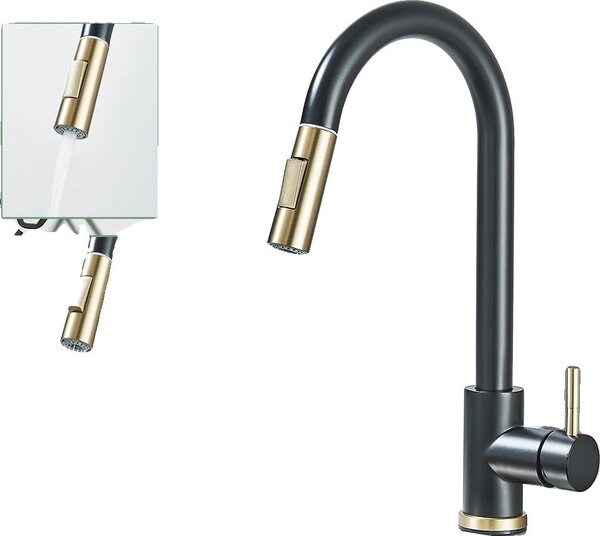 Rubinetto da cucina, funzione spray estraibile, comando monocomando, oro nero