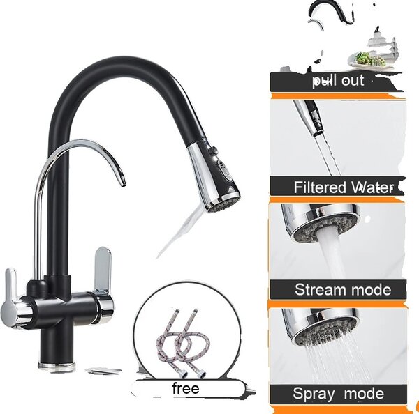 Rubinetto da cucina, design a doppia maniglia, funzione spray estraibile, cromo nero