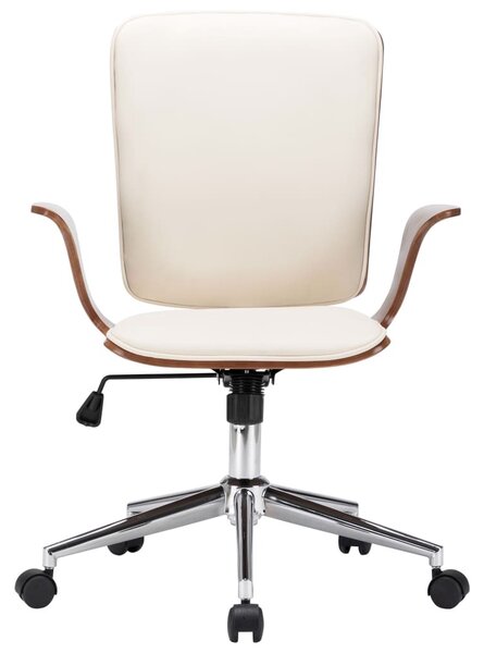 Sedia girevole da ufficio in ecopelle crema e legno curvato