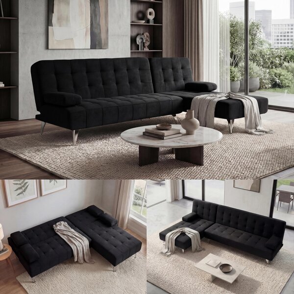 Divano letto MCW-K22, divano angolare divano, superficie reclinabile sinistra/destra funzione di sonno 236cm ~ velluto nero