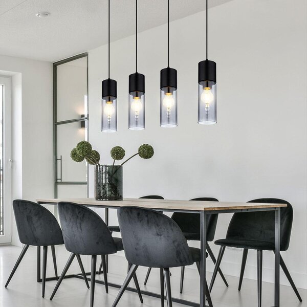 Lampada a sospensione, metallo, vetro fumé, nera, 4 luci, lunghezza 80 cm