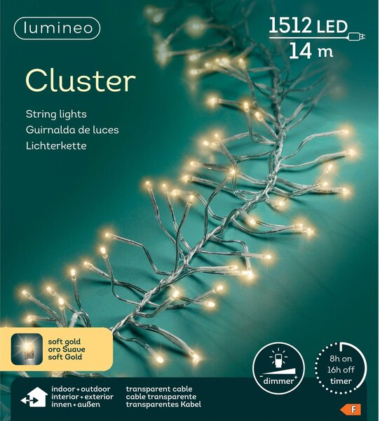Catena luminosa Lumineo CLUSTER 1512 LED, 14 metri, colore oro tenue, cavo trasparente