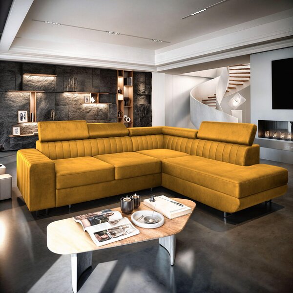 Divano angolare NOLA R-S di Masseno con funzione letto a L, divano con box letto, divano da soggiorno, divano, divano letto, set di divani - giallo, MONOLITH 48