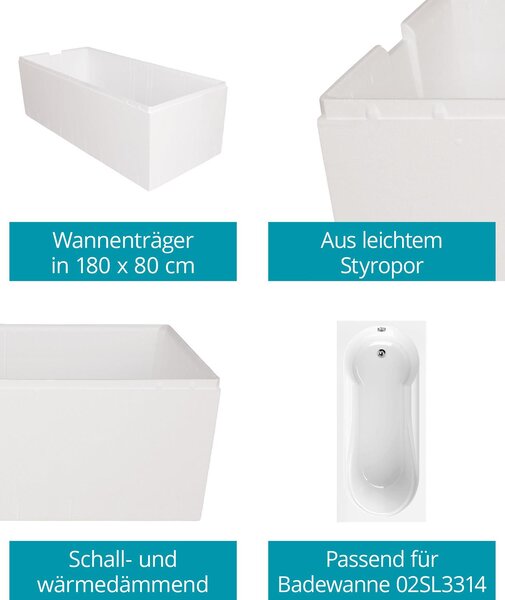 Supporto per vasca da bagno Calmwaters® 180 x 80 cm Modern Small 2, adatto per vasche da bagno rettangolari 180x80 cm, supporto in polistirolo, isolante acustico e termico, direttamente piastrellabile, supporto per vasca da bagno bianco, 03AX3356