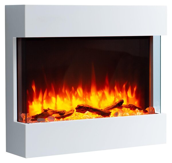 Camino elettrico da parete, 2000 W - Vetro bianco - Design moderno ed elegante - Effetto fiamma 3D con LED