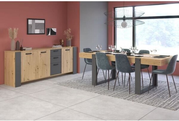 Credenza a 3 ante + tavolo rettangolare Loft per 8 persone – Rovere Craftsman e melamina grigia