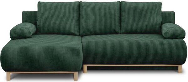 MIKA, divano angolare con meccanismo letto, lato sinistro, 3 posti, rivestito in velluto verde scuro, dimensioni approssimative: 130 x 210 cm. Include un contenitore per la biancheria da letto
